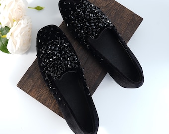 Handmade black velvet flats for women, beaded crystal loafers, elegant slip-on shoes, soft leather lining, Christmas gift idea