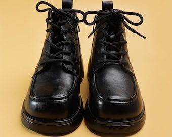 Black leather ankle boots women, handmade square toe block heel booties, lace up side zip winter shoes, everyday gift for her