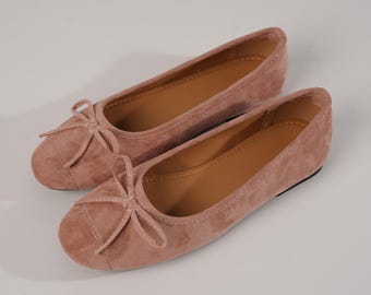 Handmade Blush Suede Ballet Flats for Women, Bow Round Toe Flat Shoes, Elegant Everyday Shoes, Soft Comfortable Gift for Her
