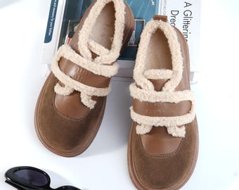 Handmade Suede Loafers with Fur Lining, Comfortable Brown Slip-Ons with Velcro Strap, Cozy Winter Footwear, Stylish Gift for Her