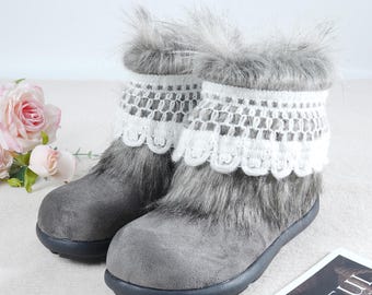 Handmade Gray Fur Trim Snow Boots for Women, Cozy Lace Detail Winter Boots, Soft Suede Style Mid Calf Boots Warm Shoes Gift for Her