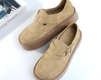 Handmade Suede Loafers, Comfortable Fur Lined Slip-On Shoes with Buckle Detail, Cozy Winter Footwear, Gift for Her, Casual Everyday Shoes