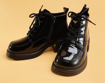 Black patent leather ankle boots women, handmade square toe block heel booties, lace up side zip shiny fashion shoes gift for her