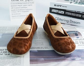 Handmade Leopard Ballet Flats, Brown Elastic Strap Shoes for Women, Comfortable Stylish Slip Ons, Soft Daily Walking Flats, Gift for Her