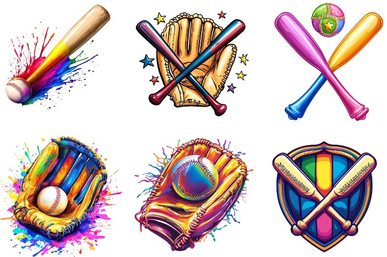 Colorful Baseball Clipart Bundle, Neon Rainbow Sports Graphics (digital ...