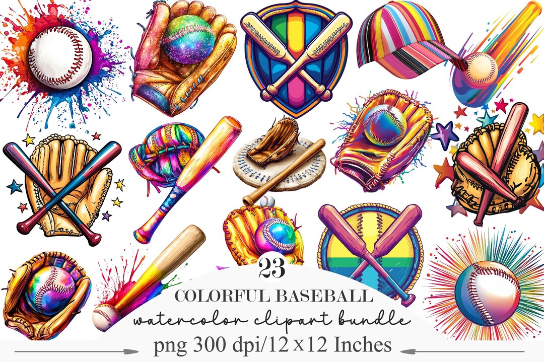 Colorful Baseball Clipart Bundle, Neon Rainbow Sports Graphics (digital ...
