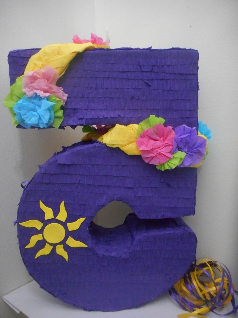 5th Birthday number five year Rapunzel Purple pull string Pinata 17.5 x 12.5 x 4