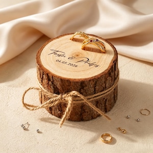May include: A cylindrical wooden ring box with bark edges, tied with twine. The top surface is engraved with the text Taylor & Phelps 04.05.2026 and holds a gold ring with three small gemstones. Additional gold and silver jewelry pieces lie nearby.