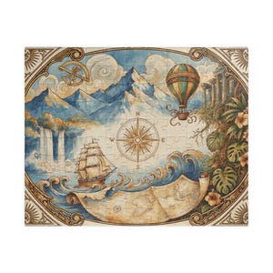 Puede incluir: Un rompecabezas rectangular con una ilustración de un velero, un globo aerostático y una rosa de los vientos. La escena incluye montañas azules, una cascada, olas del océano y un mapa antiguo, enmarcado por un borde ornamental decorativo.