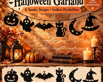 Può includere: Un download digitale per una ghirlanda di Halloween con sei sagome nere: una zucca, un fantasma, un pipistrello, un gatto, una mezzaluna e un cappello da strega. Il file include i formati PDF, SVG e PNG per queste decorazioni.