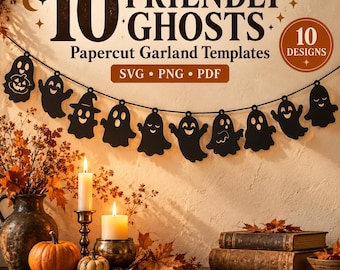 Könnte beinhalten: Eine digitale Grafik mit dem Text 10 FRIENDLY GHOSTS Papercut Garland Templates SVG PNG PDF und 10 DESIGNS. Unter dem Text zeigt eine schwarze Scherenschnitt-Girlande 10 verschiedene Geisterformen, die an einer dünnen schwarzen Schnur hängen.