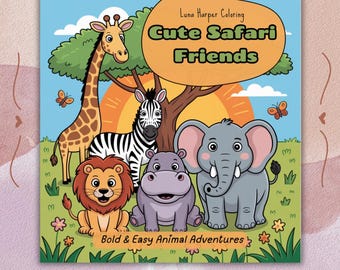 Peut inclure: Couverture de livre de coloriage pour enfants avec des animaux de safari de dessins animés. Le titre "Cute Safari Friends" est dans une bulle orange. La couverture comprend une girafe, un zèbre, un lion, un hippopotame et un éléphant.