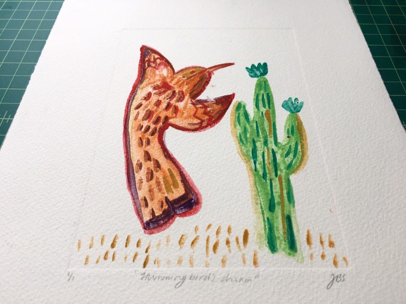 Hummingbird and cactus southwest inspired watercolor monotype limited edition print