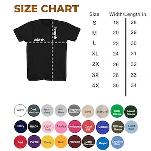 May include: A black t-shirt with a size chart and colour options. The size chart shows measurements in inches for sizes S to 4X. Colour options include white, black, navy, and various shades of grey, pink, green, and blue.