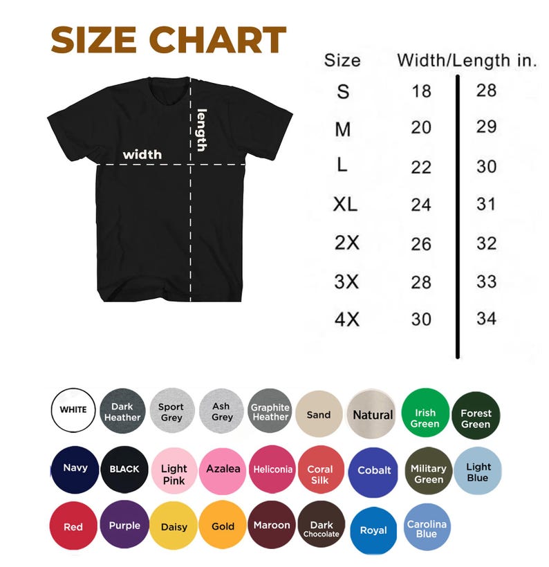 May include: A black t-shirt with a size chart and colour options. The size chart shows measurements in inches for sizes S to 4X. Colour options include white, black, navy, and various shades of grey, pink, green, and blue.