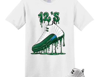 12 Bucks Green White Black Gorge Retro T Shirt Match Dripping, Jordan 12s Retro Bucks Summit White Gorge Green Black Fierce Purple Match Tee