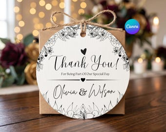 Wedding Favor Tags | Black White Floral Template (2.5 x 2.5 Round Printable)