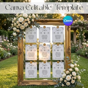 Puede incluir: Un marco dorado ornamentado que contiene nueve tarjetas de mesa blancas con texto negro y sellos de cera dorados. El marco está decorado con rosas blancas y hojas de eucalipto. El texto superior dice Canva Editable Template.