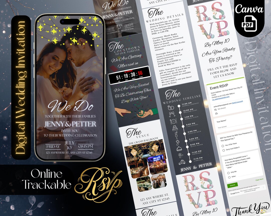 Luxury Digital Wedding Invitation, Canva Editable Mobile Template, RSVP ...