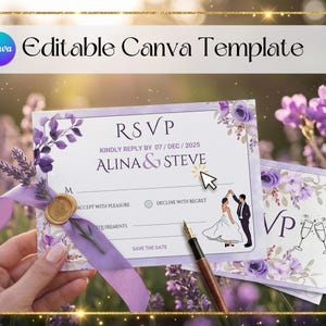 Plantilla de tarjeta de confirmación de asistencia editable en Canva / Inserto de invitación de boda floral morado
