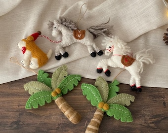 Felt Horse Ornaments with Palm Tree, Handmade Christmas Tree Decor Gift