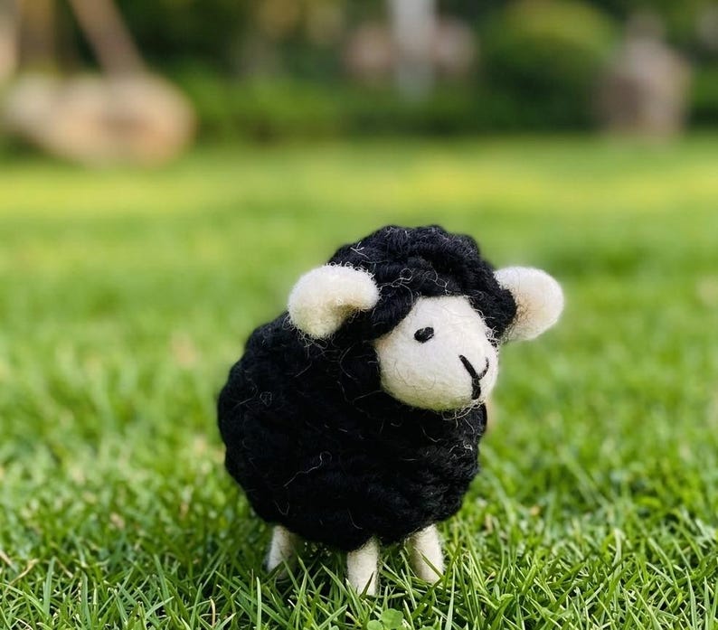 May include: A small needle-felted sheep figurine featuring a textured black wool body, a smooth white face, and small white ears. The sheep stands on four short white legs and has simple embroidered black thread details for eyes and a nose.