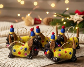 Felt Dog Ornaments for Christmas Decor, Handmade Wool Holiday Gifts