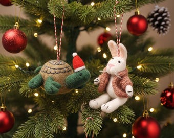 Handmade Felt Rabbit and Turtle Ornaments, Wool Animal Hanging Decor, Woodland Home Decoration