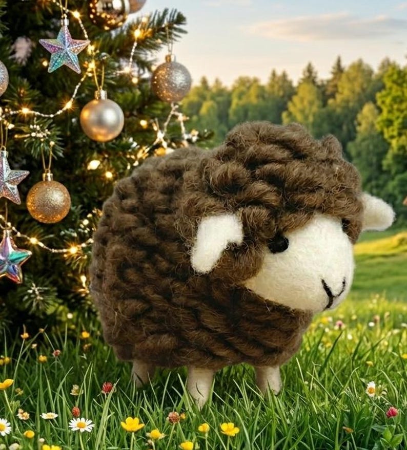 May include: A small, handcrafted sheep figurine made of textured brown yarn with a smooth white felt face, black bead eyes, and a stitched nose, standing in a grassy field near a decorated Christmas tree with ornaments.