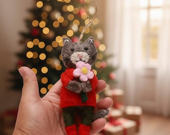 Handmade Felt Cat Christmas Ornaments, Holiday Decor