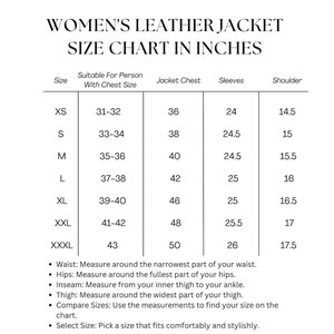 Women leather jacket size chart with measurements for chest sleeves and shoulder fit guide
