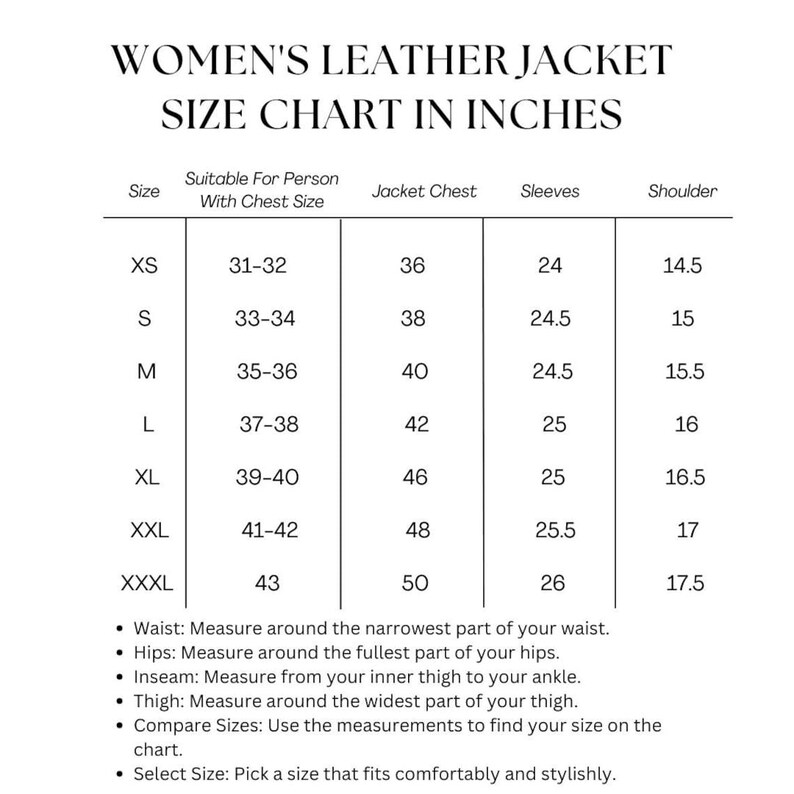 Women leather jacket size chart with measurements for chest sleeves and shoulder fit guide