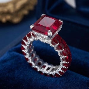 Radiant Princess Cut Ruby Engagement Ring full Eternity Ruby Band 925 sterling silver Statement Ring, Unique Bridal Jewelry, Red Stone Ring