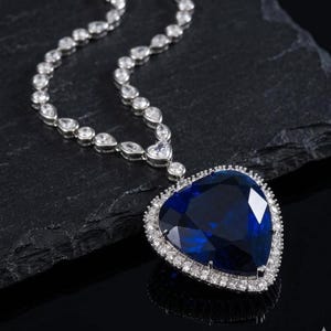 Heart of the Ocean Necklace: Sterling Silver Blue Sapphire Statement Prom Jewelry