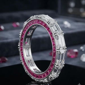 Emerald Cut Moissanite ruby Eternity Band 925 sterling silver Channel Set Wedding Ring Luxury ring  Anniversary Ring Fine Jewelry for Her