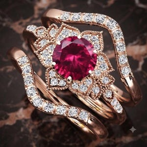 Op de afbeelding: Een roségouden ringenset met een centrale, rondgeslepen dieprode edelsteen omringd door een bloemvormige halo van kleine witte diamanten. De ringband is verdeeld in twee golvende secties, elk bezet met een rij kleine witte diamanten.