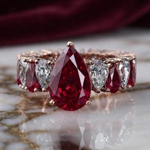 Luxury Pear Cut Ruby Engagement Ring 92.5 sterling silver rose gold plated Eternity Band Alternating Pear Ruby July birthstone gift for her