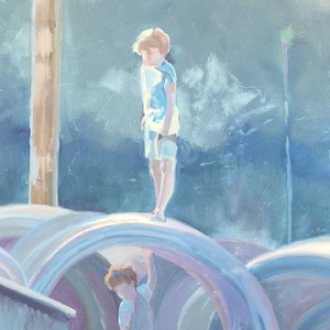May include: Two children playing on a set of large, stacked, purple and blue concrete pipes. The children are wearing casual clothing and are standing on the pipes. The background is a light blue sky with white clouds.
