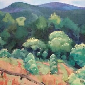 May include: A painting depicting a landscape with a distant mountain range and a foreground of trees and a winding path. The trees are painted in shades of green and the path is a light brown colour.