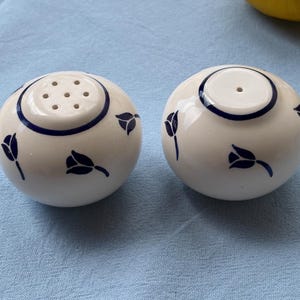 Vintage French Salt and Pepper Shakers, Hand-Painted Blue Leaf Motif, Round Ceramic