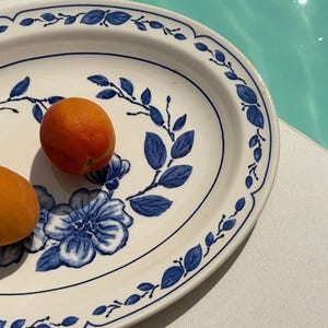 French Vintage Blue and White Oval Plate · Floral Leaf Border · Ivory Earthenware · Found in France