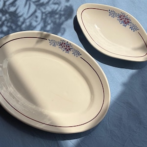 French Vintage Oval Dish · Burgundy Rim, Floral Spray · Simple Ivory Stoneware · Found in France