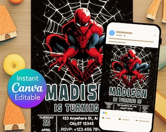 Invitación de cumpleaños de Spider-Man / Invitación editable de Canva para fiesta de superhéroes (descarga digital)