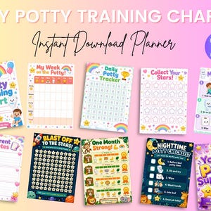 May include: A collection of colorful potty training charts and planners with various designs. The charts feature rainbows, stars, and cartoon characters. Text includes "My Potty Training Chart" and "Instant Download Planner".