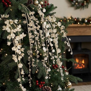 Könnte beinhalten: Nahaufnahme eines geschmückten Weihnachtsbaums mit kaskadenartigen, schimmernden Blumengirlanden. Die Girlanden weisen klare, facettierte Perlen und zarte weiße Blumenakzente auf. Der Baum ist mit roten Beeren, goldenen Kugeln und warmweißen Lichtern geschmückt.