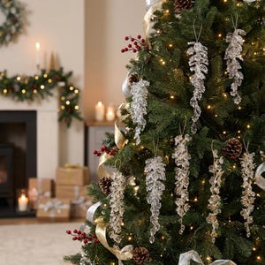 Może przedstawiać: Udekorowana choinka z przezroczystymi ozdobami w kształcie sopli lodu, złotymi i srebrnymi wstążkami oraz czerwonymi akcentami jagodowymi. Drzewko jest oświetlone małymi, ciepłymi białymi światełkami, tworząc świąteczną scenę.