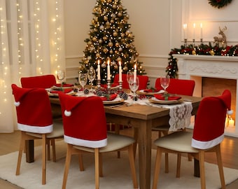 Christmas Santa Hat Chair Covers | Festive Red Chair Back Covers | Holiday Dining Room Decoration | Christmas Table Decor | Xmas Party Decor