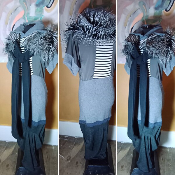 Avant-garde Fait à la main Lagenlook Gris Tricot rayé Robe Luxe Fausse Fourrure et monochrome Houndstooth Foulard Collier Petite Taille