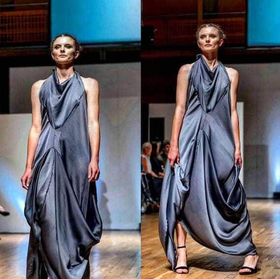 One Of a kind Handmade Silver Grey Grecian Draping Backless Halterneck Dress One size Boho Long Asymmetrical Bias Cut Maxi Dress