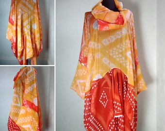 One-of-a-kind Handmade Avant-Garde Lagenlook Draping Kaftan Kimono Top Orange Yellow One Size Baggy Boho Design Cowl Neck